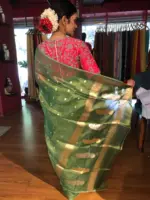Green Tissue Silk Saree with Gold Zari Buttis - Image 6