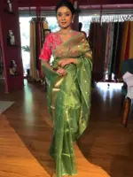 Green Tissue Silk Saree with Gold Zari Buttis - Image 2