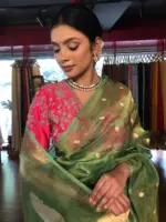 Green Tissue Silk Saree with Gold Zari Buttis - Image 3
