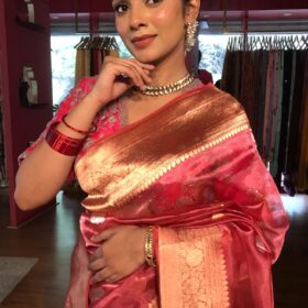 Rani Pink Handwoven Tissue Silk Saree with Kadhwa Zari Motifs