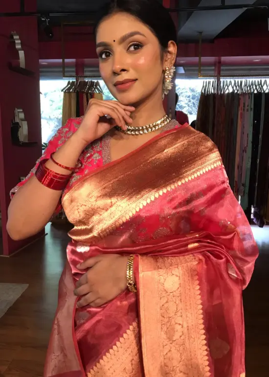 Rani Pink Handwoven Tissue Silk Saree with Kadhwa Zari Motifs