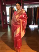 Rani Pink Handwoven Tissue Silk Saree with Kadhwa Zari Motifs - Image 3