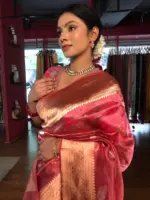 Rani Pink Handwoven Tissue Silk Saree with Kadhwa Zari Motifs - Image 5