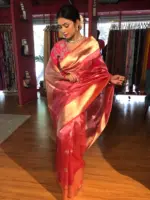 Rani Pink Handwoven Tissue Silk Saree with Kadhwa Zari Motifs - Image 2
