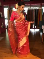 Rani Pink Handwoven Tissue Silk Saree with Kadhwa Zari Motifs - Image 6