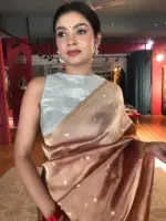 Nude Brown Tissue Silk Saree with Gold Zari Buttis