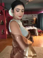Nude Brown Tissue Silk Saree with Gold Zari Buttis - Image 5