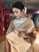 Nude Brown Tissue Silk Saree with Gold Zari Buttis - Image 4