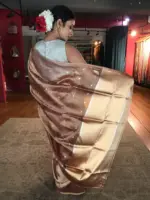 Nude Brown Tissue Silk Saree with Gold Zari Buttis - Image 7
