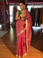 Pink Tissue Silk Saree with Self Design Border - Image 2