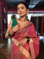Pink Tissue Silk Saree with Self Design Border - Image 4