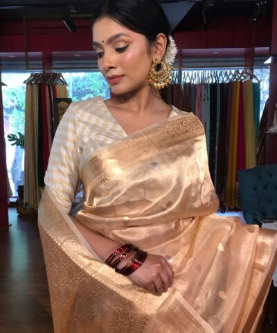 Ivory Handwoven Tissue Silk Saree with Kadhwa Zari Motifs