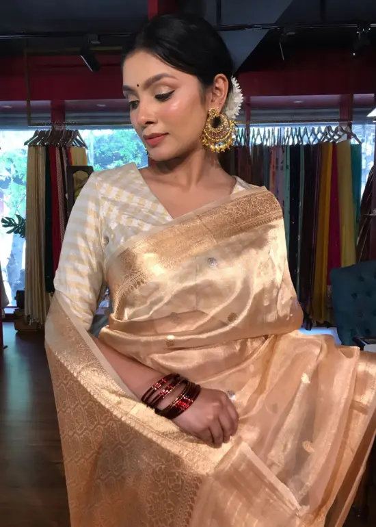 Ivory Handwoven Tissue Silk Saree with Kadhwa Zari Motifs