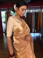 Ivory Handwoven Tissue Silk Saree with Kadhwa Zari Motifs - Image 7