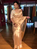 Ivory Handwoven Tissue Silk Saree with Kadhwa Zari Motifs - Image 2