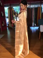 Ivory Handwoven Tissue Silk Saree with Kadhwa Zari Motifs - Image 4