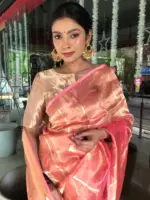 Peach Handwoven Tissue Silk Saree with Kadhwa Zari Motifs