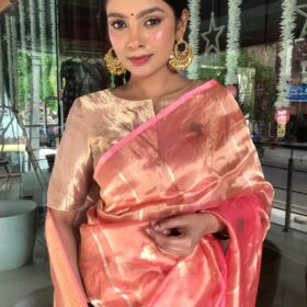 Peach Handwoven Tissue Silk Saree with Kadhwa Zari Motifs