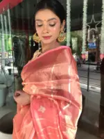 Peach Handwoven Tissue Silk Saree with Kadhwa Zari Motifs - Image 6