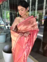 Peach Handwoven Tissue Silk Saree with Kadhwa Zari Motifs - Image 4