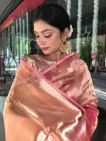 Peach Handwoven Tissue Silk Saree with Kadhwa Zari Motifs - Image 3