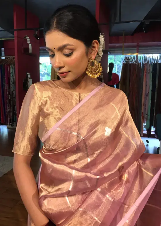 Pastel Pink Handwoven Tissue Silk Saree with Kadhwa Zari Motifs