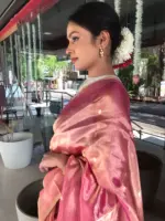 Pink Tissue Silk Saree with Gold Zari Buttis - Image 9