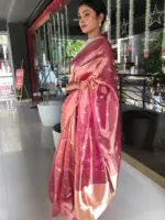 Pink Tissue Silk Saree with Gold Zari Buttis - Image 4