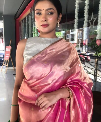 Pink Tissue Silk Saree with Gold Zari Buttis