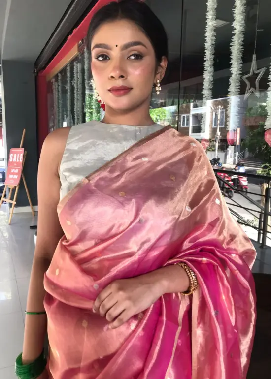 Pink Tissue Silk Saree with Gold Zari Buttis
