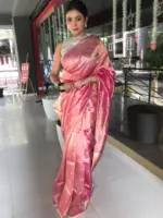 Pink Tissue Silk Saree with Gold Zari Buttis - Image 3