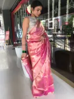 Pink Tissue Silk Saree with Gold Zari Buttis - Image 6