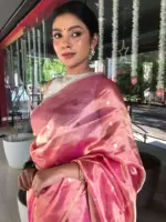 Pink Tissue Silk Saree with Gold Zari Buttis - Image 5
