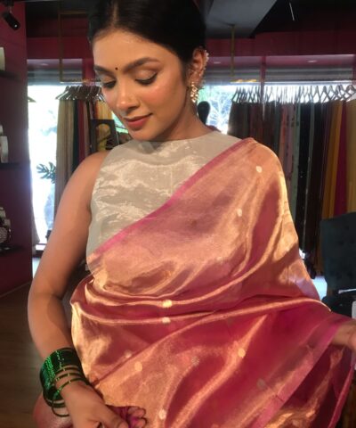 Pink Tissue Silk Saree with Gold Zari Buttis