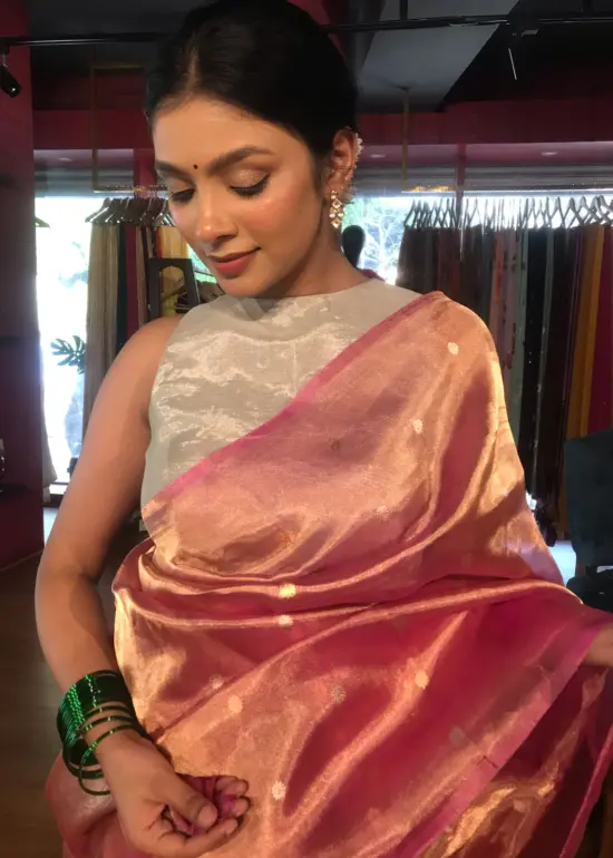Pink Tissue Silk Saree with Gold Zari Buttis