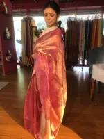 Pink Tissue Silk Saree with Gold Zari Buttis - Image 3