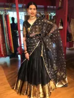 Black Silk Half Saree Set with Organza Silk Dupatta (Set of 3) - Image 4