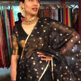 Black Organza Silk Dupatta with Gold Zari Buttis