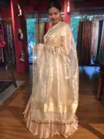 Ivory Tissue Silk Dupatta with Gold Zari Buttis - Image 3