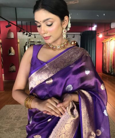 Purple Tissue Silk Saree with Gold Kadhwa Zari Motifs