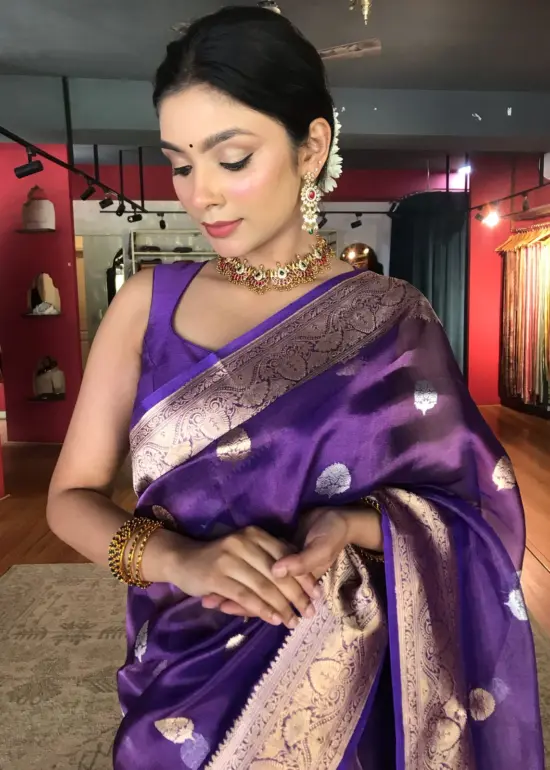 Purple Tissue Silk Saree with Gold Kadhwa Zari Motifs