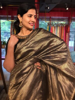 Black Tussar Silk Saree with Gold Zari Striped Weaves