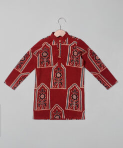 Front view of Kurta Madder Red Ajrakh Cotton Boys Kurta Set, Suitable for Traditional Functions