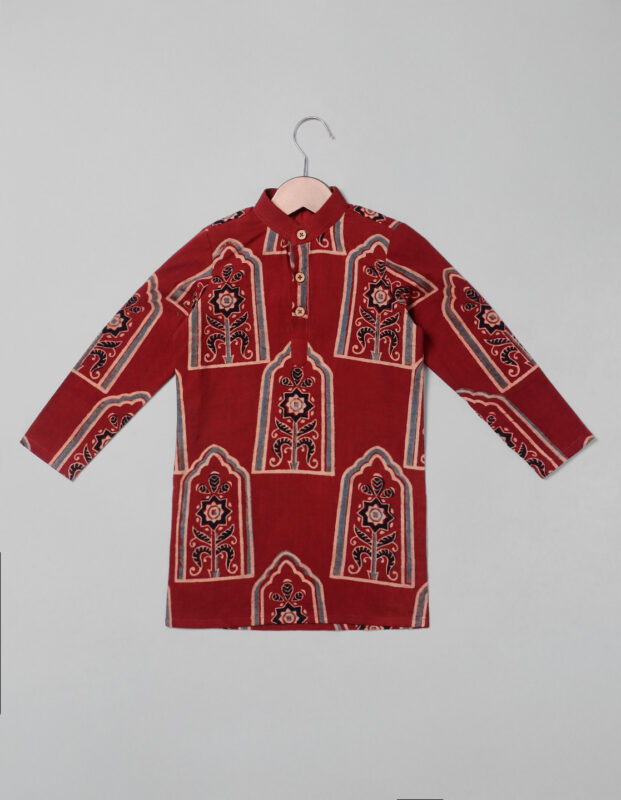 Front view of Kurta Madder Red Ajrakh Cotton Boys Kurta Set, Suitable for Traditional Functions
