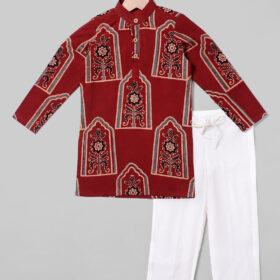 Front view of the outfit Madder Red Ajrakh Cotton Boys Kurta Set, Suitable for Festive