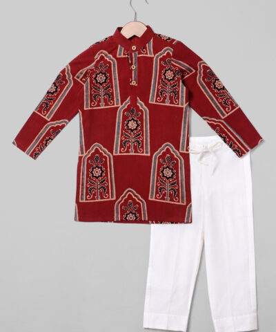 Front view of the outfit Madder Red Ajrakh Cotton Boys Kurta Set, Suitable for Festive