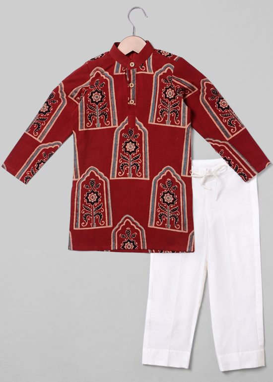 Front view of the outfit Madder Red Ajrakh Cotton Boys Kurta Set, Suitable for Festive