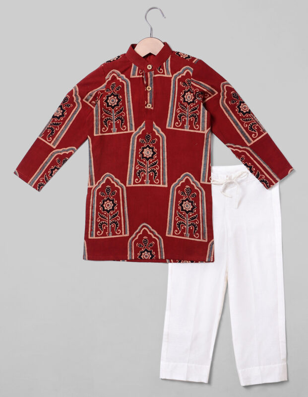 Front view of the outfit Madder Red Ajrakh Cotton Boys Kurta Set, Suitable for Festive