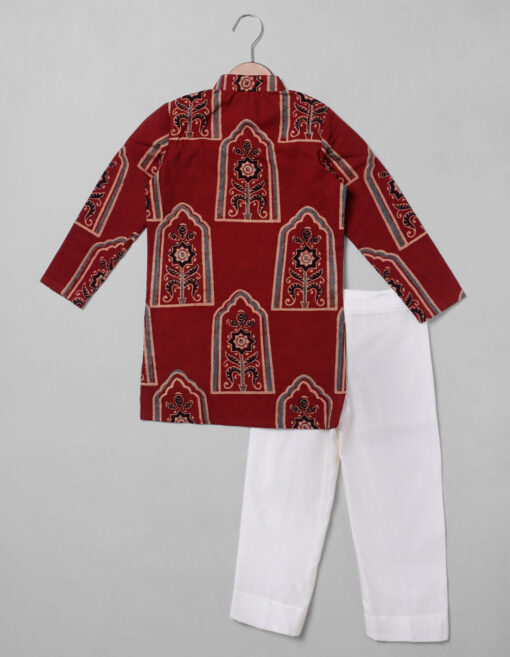 Back view of Outfit Madder Red Ajrakh Cotton Boys Kurta Set, Suitable for Ethnic Celebrations