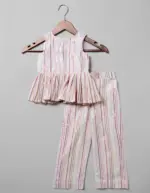Front View of Peplum Top with Matching Pants Ivory Cotton Peplum Set, Suitable for : Family Gatherings